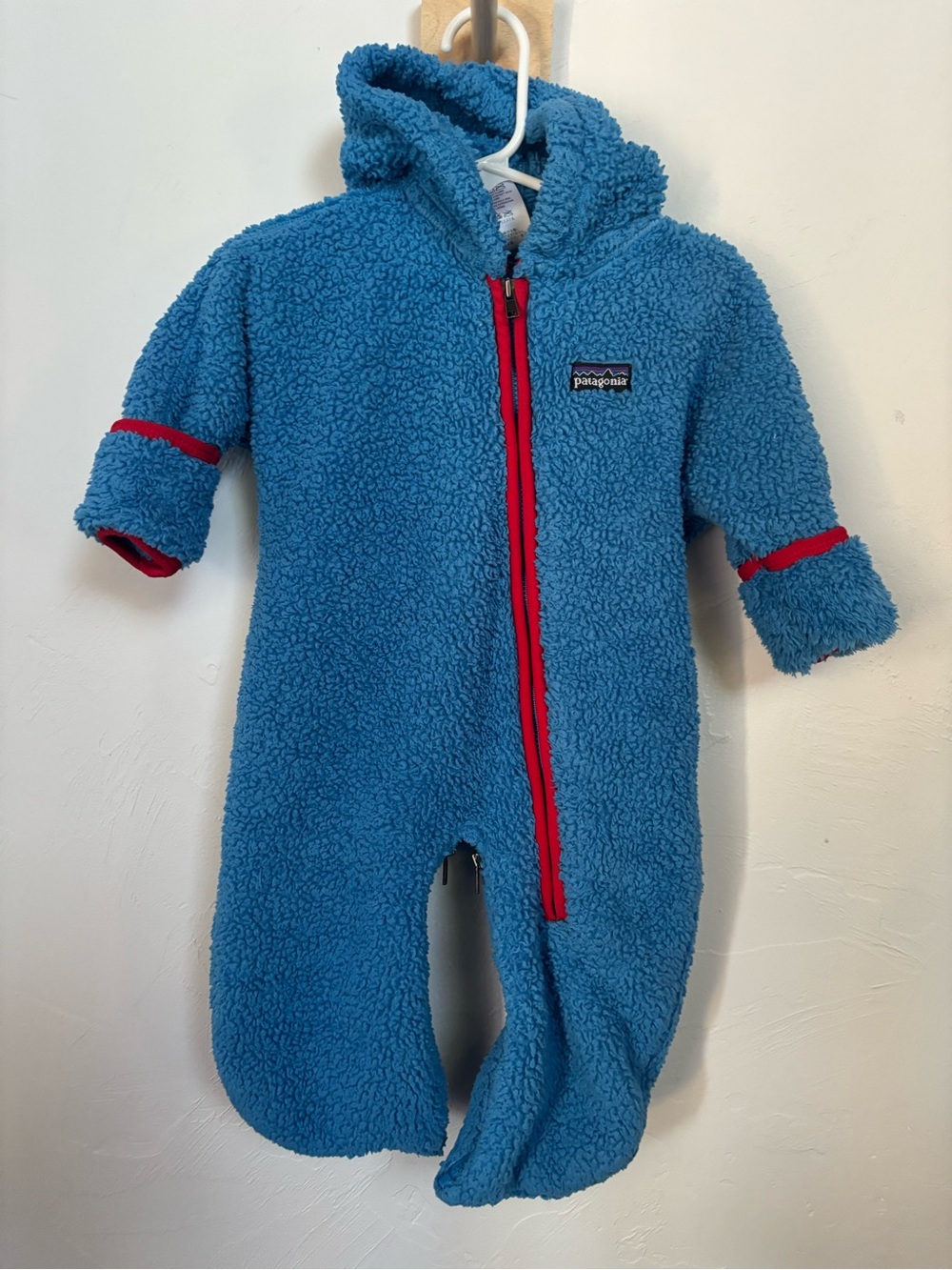 Patagonia Baby Fleece Bunting Size 3M Blue Red Hooded Footed